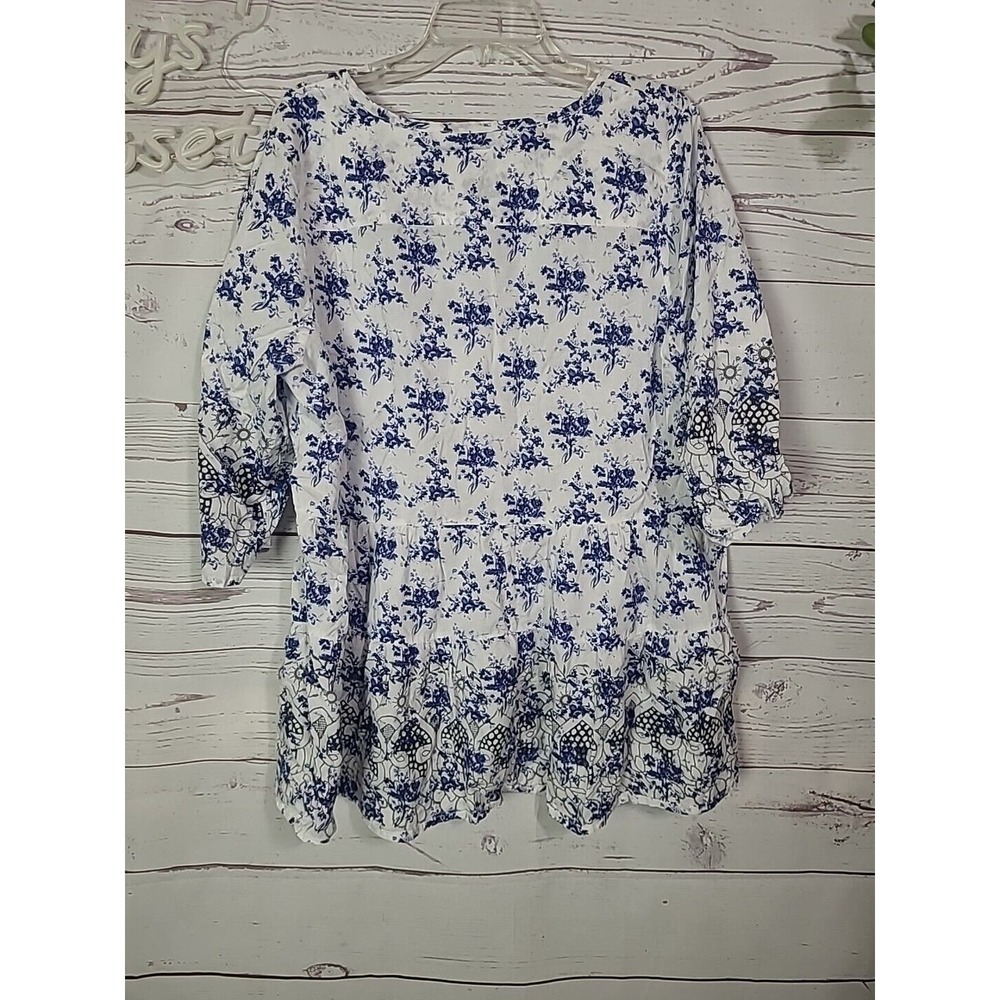 Ellos White Floral Print Relaxed 3/4 Sleeve Tiered Tunic Top Womans Size 18/20 - Picture 2 of 6